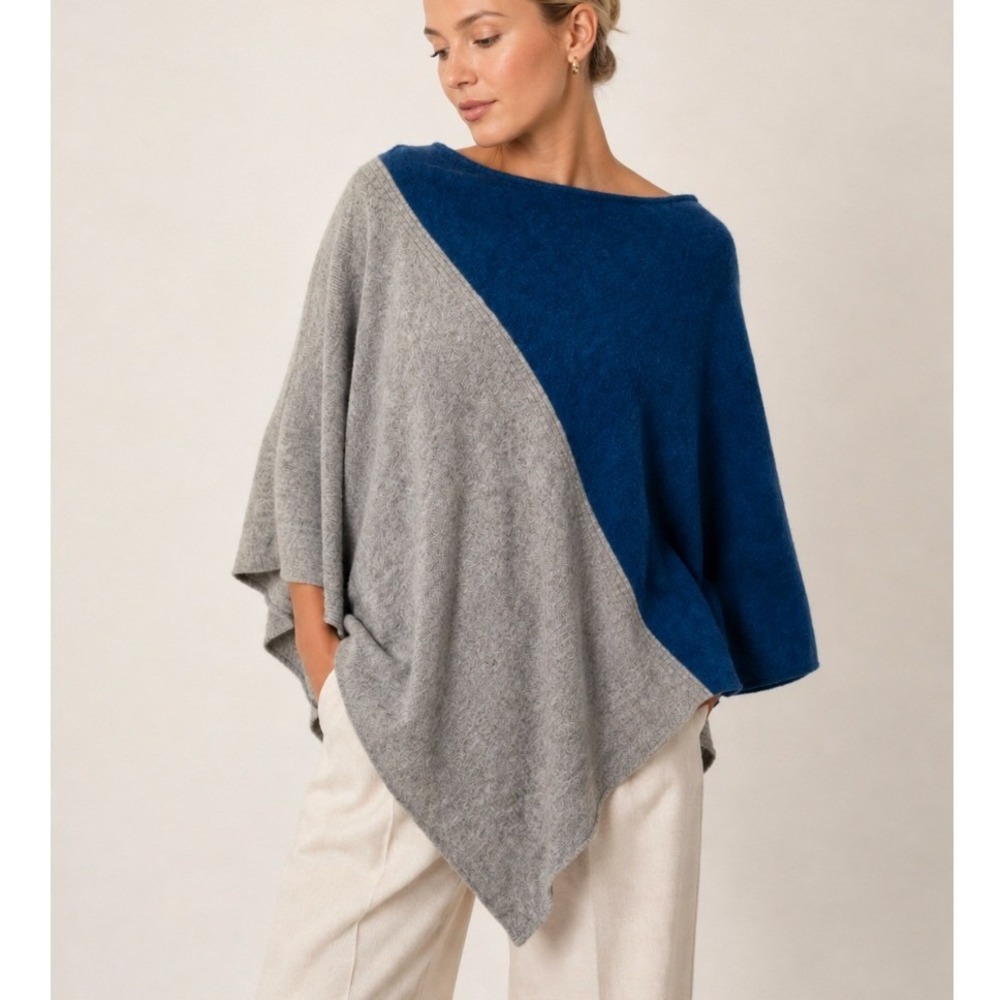 Celeste Poncho Wool Cashmere Colorblock OS Blue Gray Asymmetrical Wrap Sweater